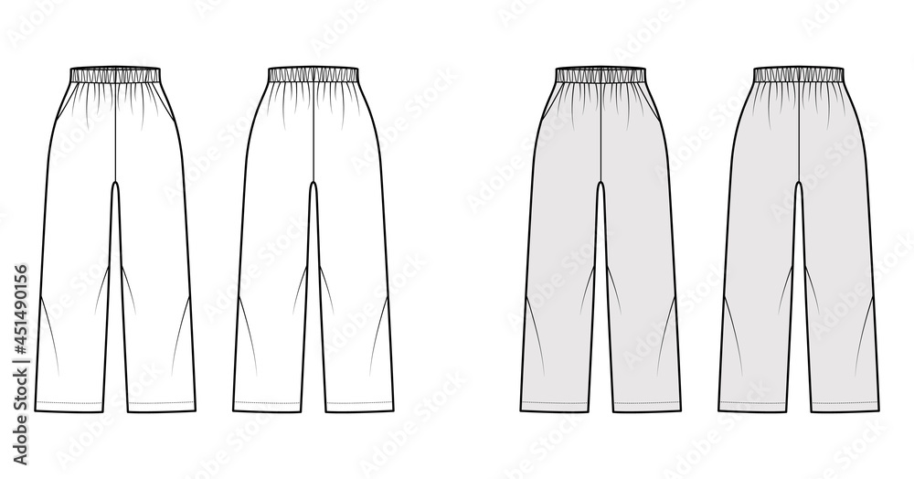 Pull-On Pants Sport shorts technical fashion illustration with high rise, pockets, Relaxed fit, ankle length. Flat bottom apparel template front, back, white grey color. Women men unisex CAD mockup