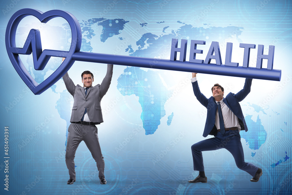 Concept of health with key and businessman Concept of health with key and businessman