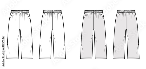 Bermuda shorts Activewear technical fashion illustration with low waist, rise, pockets, Relaxed fit, calf length. Flat bottom apparel template front, back white grey color. Women men unisex CAD mockup