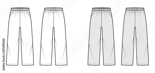 Pull-On Pants Sport training shorts technical fashion illustration with low waist, rise, pockets, Relaxed fit, ankle length. Flat bottom template front, back, white grey color. Women men unisex mockup