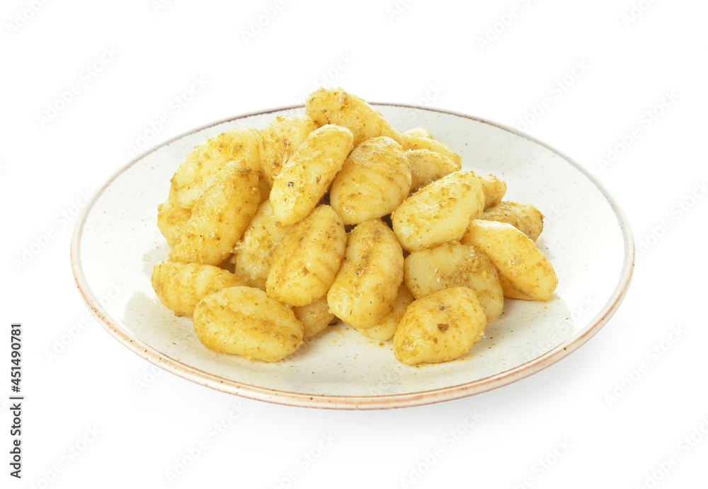 Plate with tasty pesto gnocchi on white background Plate with tasty pesto gnocchi on white background