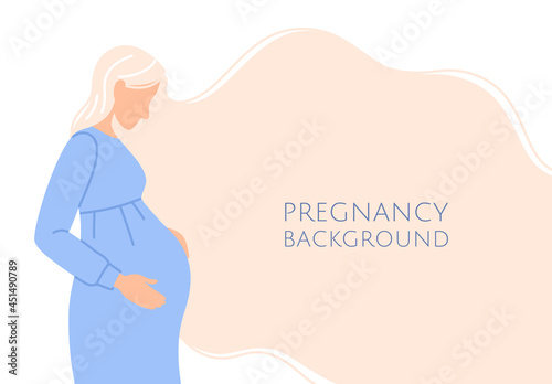 Pregnancy background. Flat beautiful Caucasian pregnant woman in blue dress expecting a baby birth. Young happy expectant girl holding tummy. Cute mother banner. Cartoon parenthood vector illustration