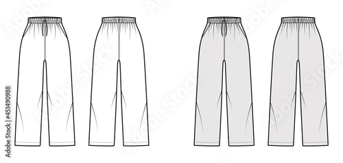 Pull-On Pants Sport training shorts technical fashion illustration with elastic normal waist, drawstrings, Relaxed fit, ankle length. Flat bottom template front, back, white grey color. Women men CAD