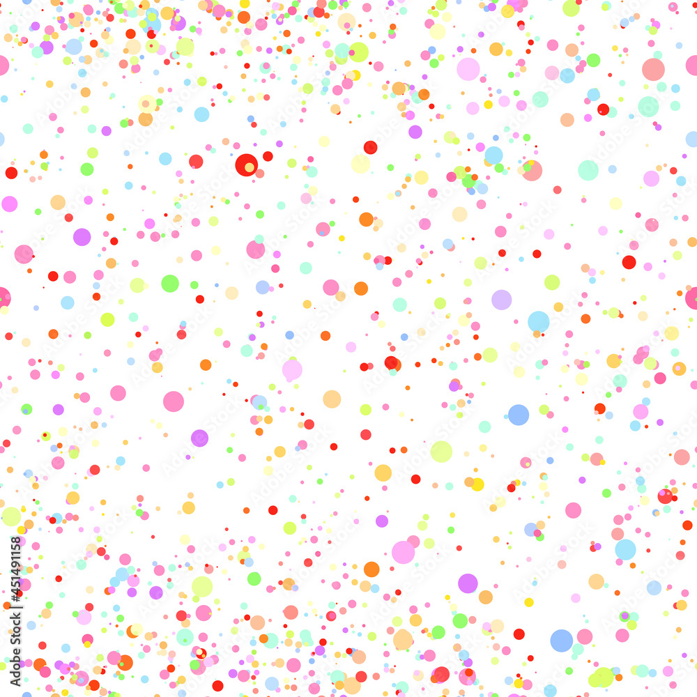 Abstract hand drown polka dots background. White dotted seamless pattern with rainbow circles. Template design for for Birthday, party holiday, banner, textile, fabric. Summer confetti illustration