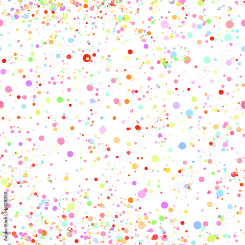 Abstract hand drown polka dots background. White dotted seamless pattern with rainbow circles. Template design for for Birthday, party holiday, banner, textile, fabric. Summer confetti illustration