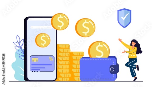 Secure mobile payment vector illustration Money transfer or online finance concept with smartphone Flying coins and wallet Digital internet transaction or cashback banking Safe money transfer