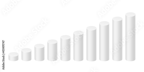 White cylinders with different height. Bar graph. Column chart elements for finance statistical infographic. Growth or decrease signs. Vector 3d illustration.