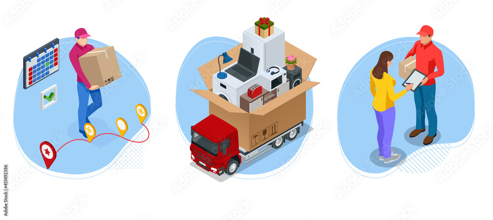 Isometric global logistics network. Air cargo, rail transportation, maritime shipping, warehouse, container ship, city skyline on the world map.