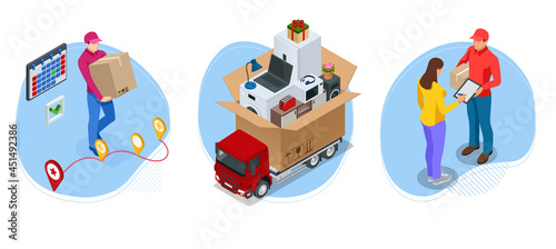 Isometric global logistics network. Air cargo, rail transportation, maritime shipping, warehouse, container ship, city skyline on the world map.