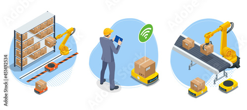 Isometric yellow robotic arm carry cardboard box in warehouse. Automated warehouse. Autonomous robot transportation in warehouses photo