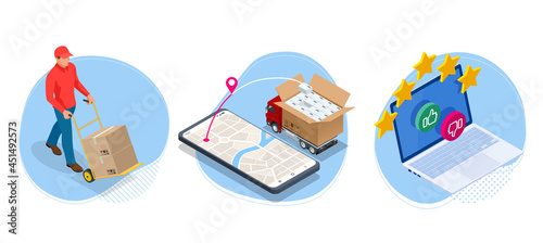 Isometric global logistics network. Air cargo, rail transportation, maritime shipping, warehouse, container ship, city skyline on the world map.