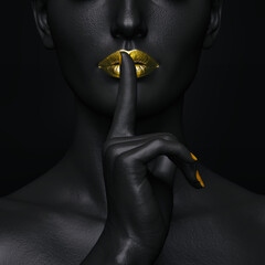 Fotobehang Zwart goud Vrouw met gouden lippen stilte gebaar  © pictosmith