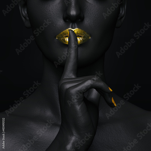 Mysterious Secrets. Close-up of a black female figure with her fingers over her golden lips in a gesture of silence,3D illustration
