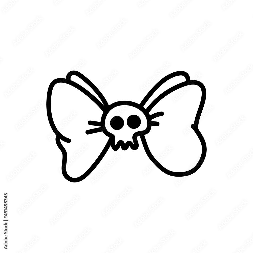 Cute skull with a bow. Creepy skull emoticon. Doodle style. Monster girl symbol. Emo vector illustration on isolated background. For Halloween holiday invitations, print and web