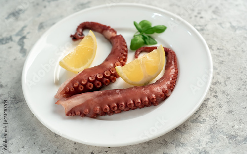 Boiled octopus tentacles on a light stone background