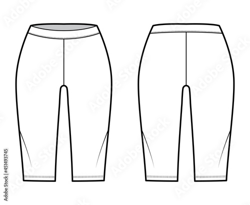 Bike shorts Leggings technical fashion illustration with low waist, rise, knee length. Flat sport training pants, casual knit trousers apparel template front, back, white color. Women, men CAD mockup