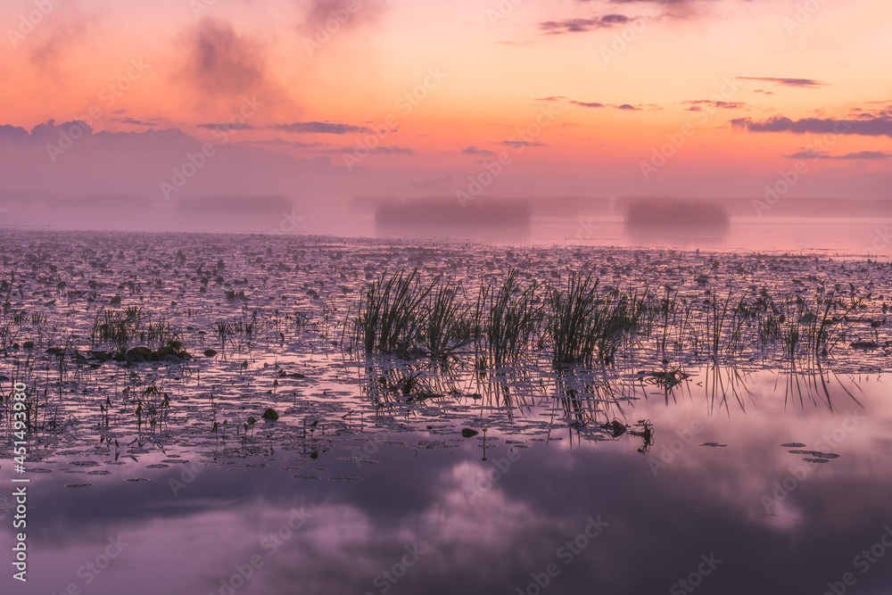 Fog covered lake early in the morning before sunrise