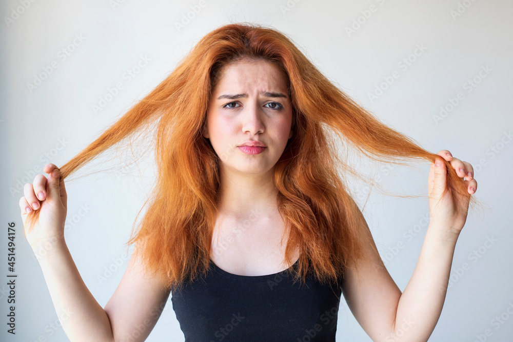 Woman have damaged and broken hair, loss hair, dry problem concept. Woman have damaged and broken hair, loss hair, dry problem concept.