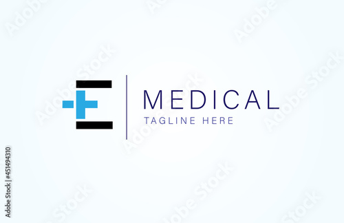 Medical logo. letter E with medical cross icon combination, flat  logo design template, vector illustration