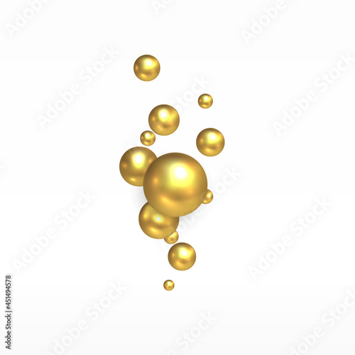 Fototapeta Naklejka Na Ścianę i Meble -  Gold decorative balls. Golden realistic balls with highlights hung in white space. Gift decoration. Digital abstraction