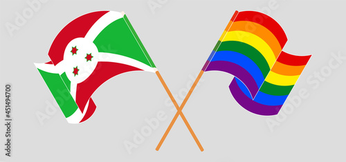 Crossed and waving flags of Burundi and LGBTQ