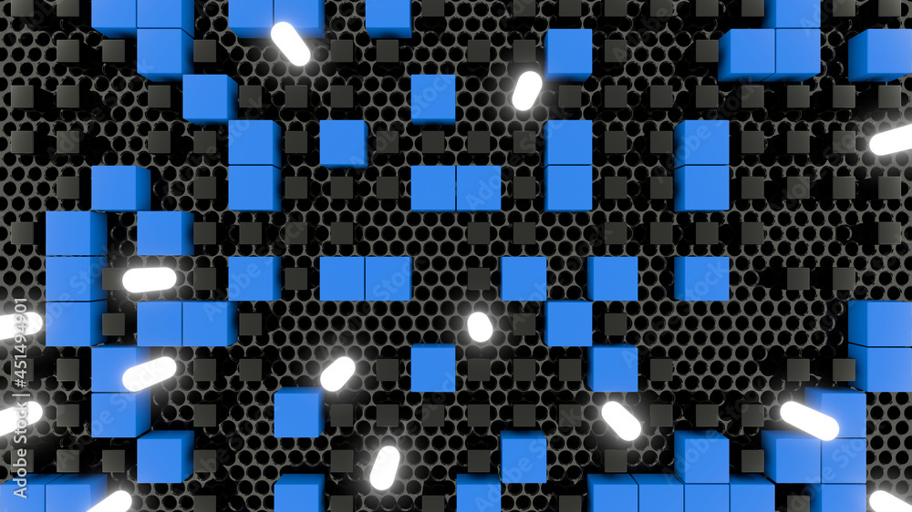 Sci Fy Neon Glowing Lamps On Dark Perforated Wall. Abstract Technology Background. 3D Rendering Image. Sci Fy Neon Glowing Lamps On Dark Perforated Wall. Abstract Technology Background. 3D Rendering Image.