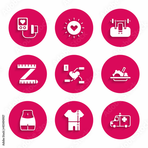 Set Attention to health heart, Sport track suit, Ambulance and emergency car, Healthy food, Women waist, Tape measure, Bench with barbel and Blood pressure icon. Vector