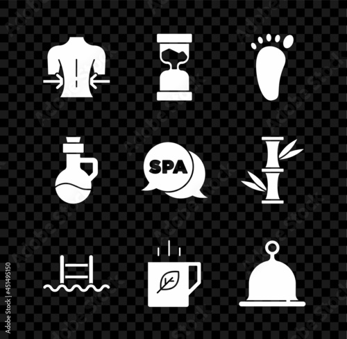 Set Massage, Old hourglass, Foot massage, Swimming pool with ladder, Cup of tea and leaf, Sauna hat, Essential oil bottle and Spa salon icon. Vector