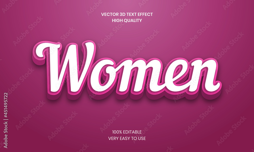 Wonen 3D Text Effect  Style, Shiny, Pink Bold 3D Text Style Font Premium Vector. 
