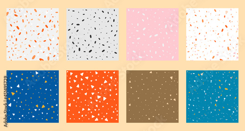 Set collection of colorful venetian terrazzo imitation seamless stone fragments pattern. Modern minimalistic trendy floor tile abstract background