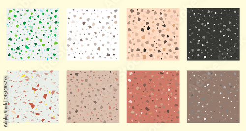 Set collection of colorful venetian terrazzo imitation seamless stone fragments pattern. Modern minimalistic trendy floor tile abstract background