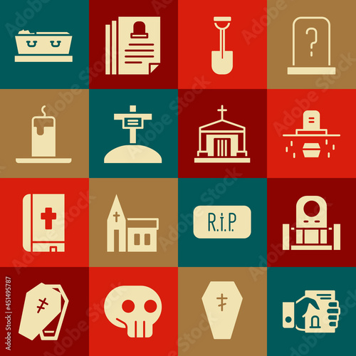 Set Death certificate in hand, Grave with tombstone, coffin, Shovel, cross, Burning candle, Coffin dead and Old crypt icon. Vector