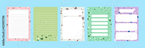 Set collection of colorful blank memo note letter file document diary book template layout with abstract terrazzo seamless pattern. Modern minimalistic trendy abstract background