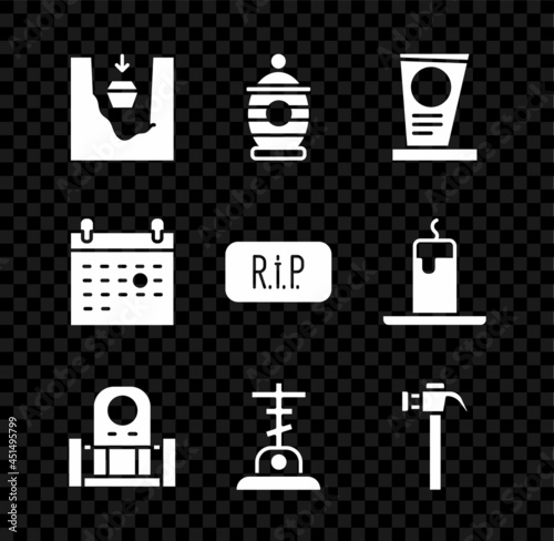 Set Coffin in grave, Funeral urn, Grave with tombstone, cross, Hammer, Calendar death and Speech bubble rip icon. Vector