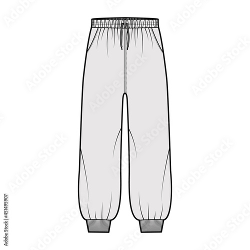 Shorts Sweatpants technical fashion illustration with elastic cuffs, low waist, rise, drawstrings, midi ankle length. Flat training trousers template front, grey color. Women men unisex CAD mockup