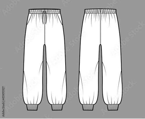 Shorts Sweatpants technical fashion illustration with elastic cuffs, low waist, rise, drawstrings, midi ankle length. Flat training joggers template front, back, white color. Women men unisex mockup