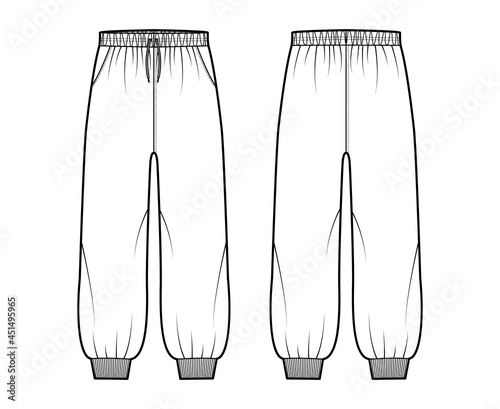 Shorts Sweatpants technical fashion illustration with elastic cuffs, low waist, rise, drawstrings, ankle length. Flat training joggers trousers template front, back, white color. Women men unisex CAD