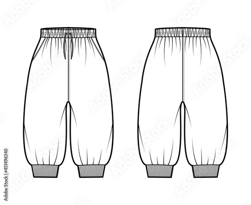 Shorts Sweatpants technical fashion illustration with elastic cuffs, normal waist, high rise, knee length. Flat training joggers trousers template front, back, white color. Women men unisex CAD mockup