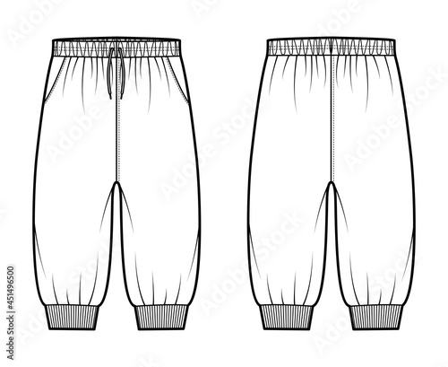 Shorts Sweatpants technical fashion illustration with elastic cuffs, low waist, rise, knee length. Flat training joggers trousers apparel template front, back, white color. Women men unisex CAD mockup