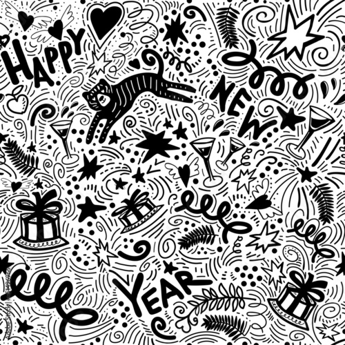 Christmas seamless pattern with New Years symbols drawn by hand in doodle style. Black tiger, garlands, cake, gifts, glasses, confetti and lettering quote happy new year.