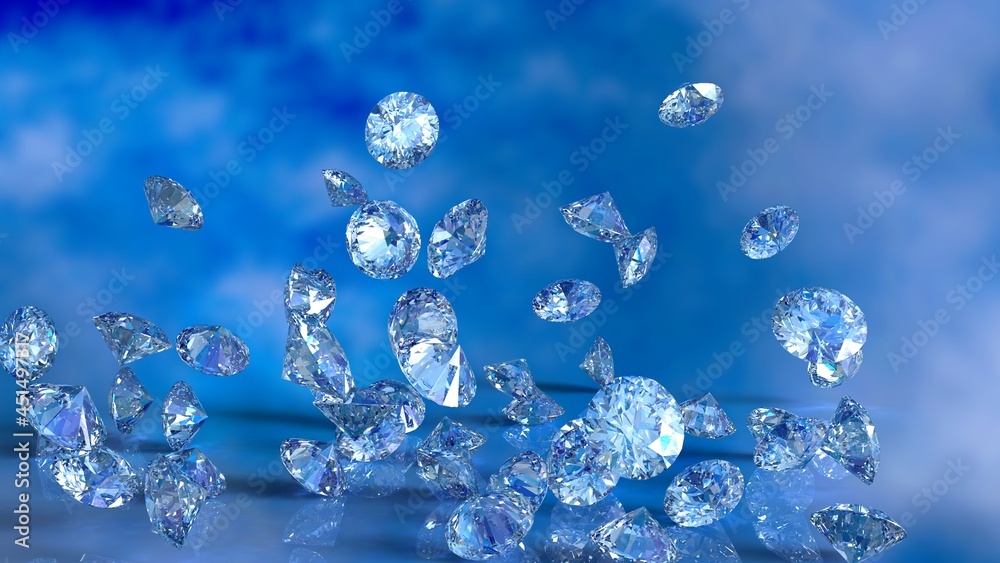 Shiny Diamonds falling on blue sky lighting. 3D illustration. 3D CG. 3D high quality rendering. Shiny Diamonds falling on blue sky lighting. 3D illustration. 3D CG. 3D high quality rendering.