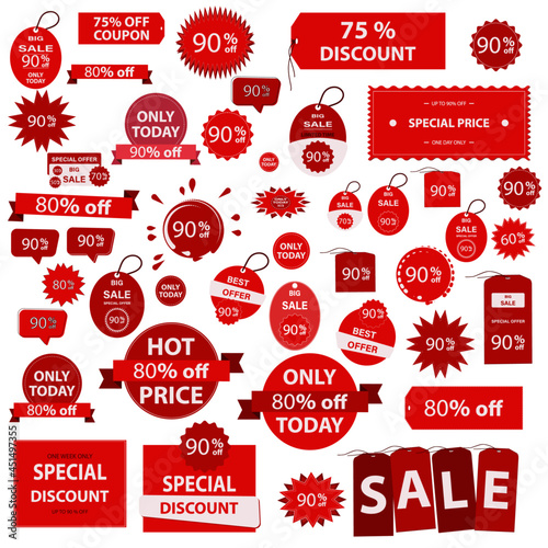  Shopping sales and discounts promotional labels, vector set. Big sale promo, special offer, hot price only today, special discount, coupon, best offer, vector bundle set. 