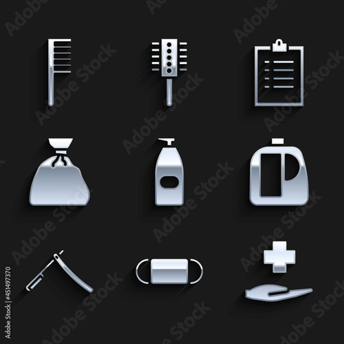 Set Bottle of liquid antibacterial soap, Medical protective mask, Cross hospital medical, Bottles for cleaning agent, Straight razor, Garbage bag, Clipboard with checklist and Hairbrush icon. Vector