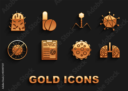 Set Clipboard with blood test results, Virus, cells in lung, Stop virus, Bacteria bacteriophage, Rabies and Medicine pill or tablet icon. Vector
