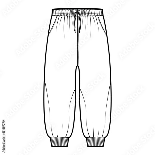 Shorts Sweatpants technical fashion illustration with elastic cuffs, low waist, rise, drawstrings, calf length. Flat training trousers apparel template front, white color. Women men unisex CAD mockup