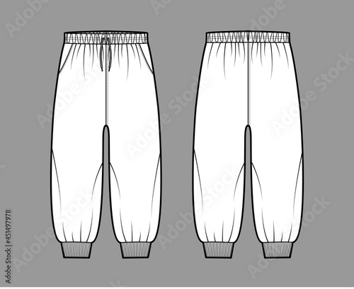 Shorts Sweatpants technical fashion illustration with elastic cuffs, low waist, rise, drawstrings, calf length. Flat training joggers trousers template front, back, white color. Women men CAD mockup