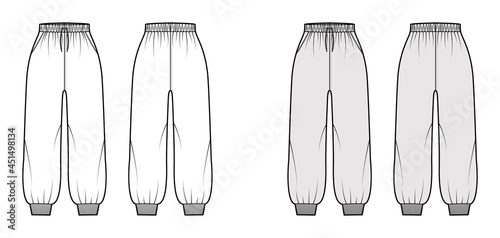 Shorts Sweatpants technical fashion illustration with elastic cuffs, normal waist, high rise, midi ankle length. Flat joggers trousers template front back white grey color. Women men unisex CAD mockup