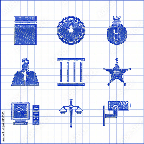 Set Prison window, Scales of justice, Security camera, Hexagram sheriff, Search computer screen, Lawyer, attorney, jurist, Money bag and Plastic with ziplock icon. Vector