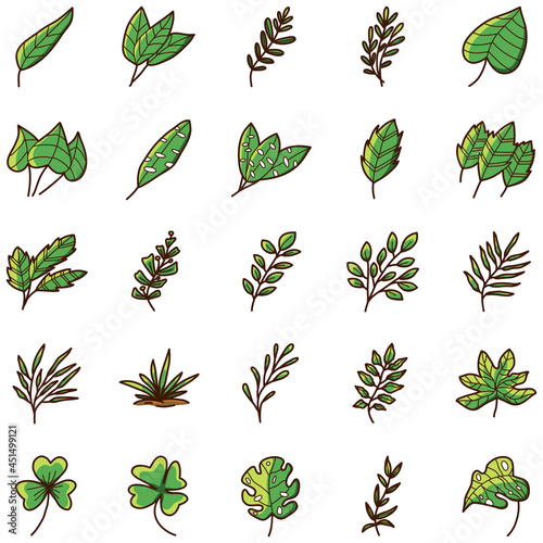 leaf tree vector illustration icon set design template with doodle hand drawn fill color style for education and coloring book