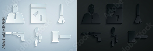 Set Footsteps, Paint brush, Pistol or gun with silencer, Judge gavel, Evidence bag and bullet and Lawyer, attorney, jurist icon. Vector